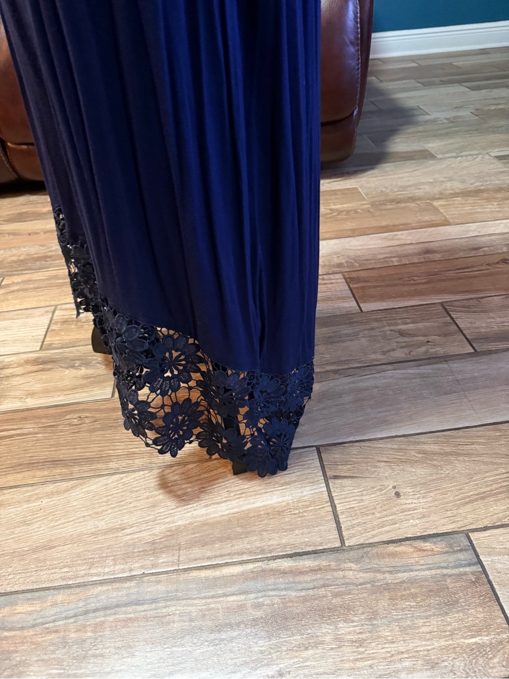 Nina Leonard Navy Sleeveless V-Neck Maxi with Lace Hem - Picture 5 of 5